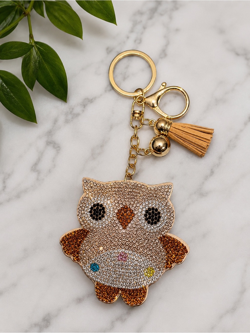 Sparkly Rhinestone Owl Keychain Bag Charm Tassel Key Ring